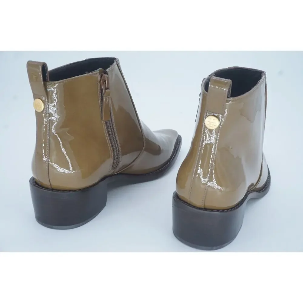 Tory Burch Brown Patent Zip Ankle Booties SZ 8 Lug Logo $428